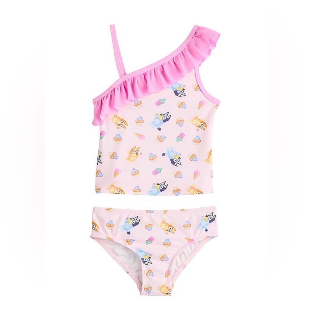 New Bluey Pink One-Shoulder Ruffle toddler Swim Set